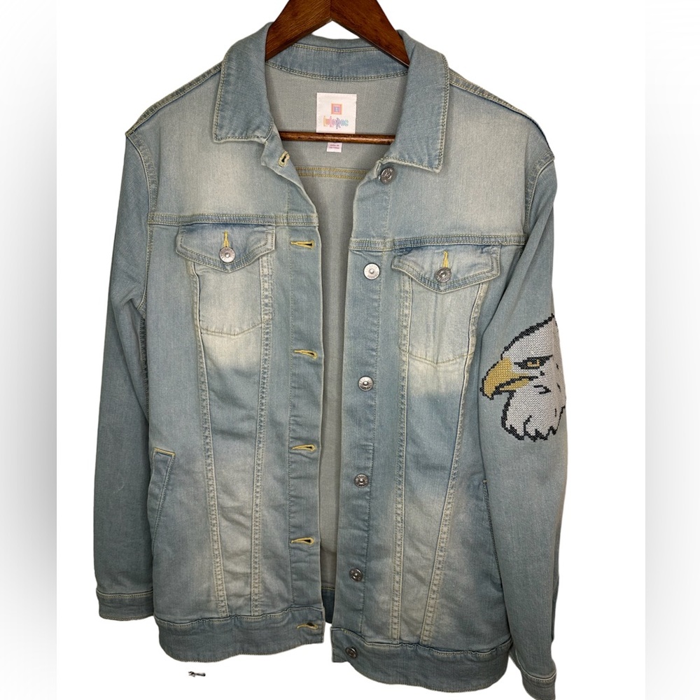 LuLaRoe Jaxon Stretch Denim Jacket Embroidered Eagle M
